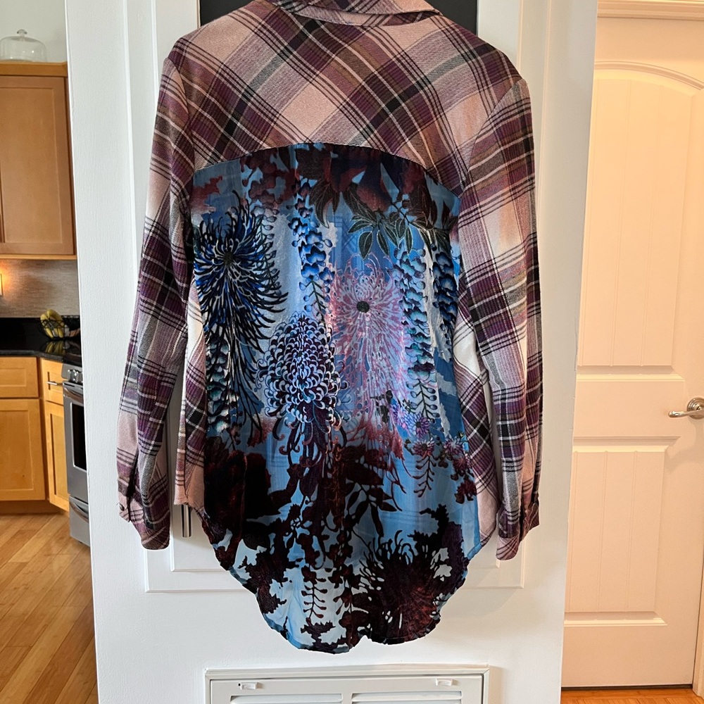 NWOT Floral Plaid Button Down Shirt - Purple and Blue
